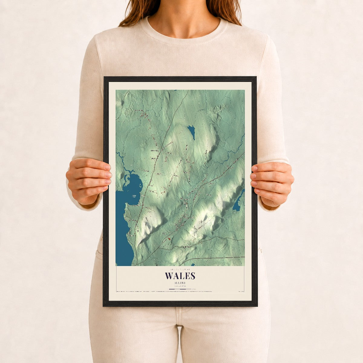 Wales, Maine map print - 12 x 18 black Ayous wood frame