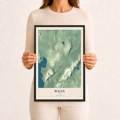 Wales, Maine map print - 12 x 18 black Ayous wood frame