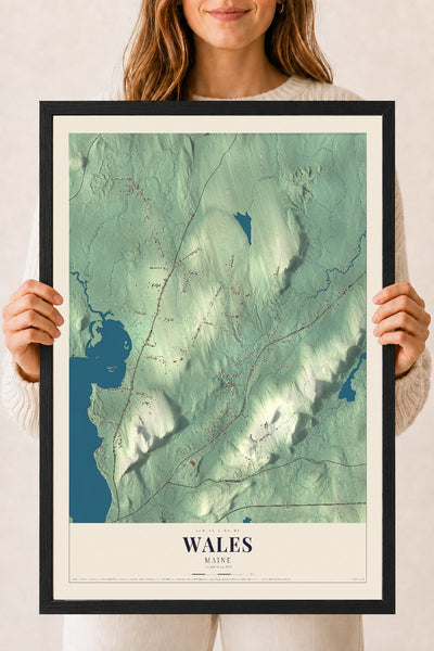 Wales, Maine map print - 18 x 24 black Ayous wood frame