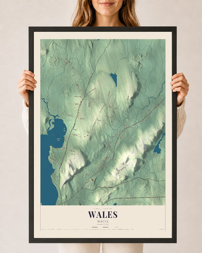 Wales, Maine map print - 24 x 36 black Ayous wood frame
