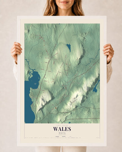 Wales, Maine map print - 24 x 36 white Ayous wood frame
