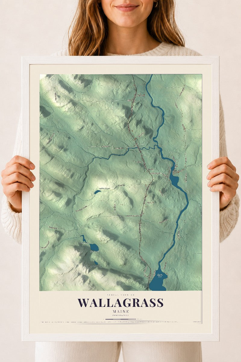 Wallagrass, Maine map print - 18 x 24 white Ayous wood frame