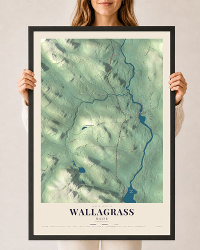 Wallagrass, Maine map print - 24 x 36 black Ayous wood frame