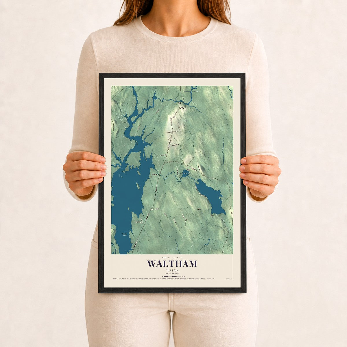Waltham, Maine map print - 12 x 18 black Ayous wood frame