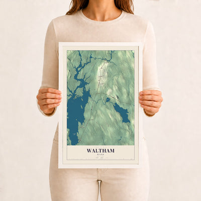 Waltham, Maine map print - 12 x 18 white Ayous wood frame