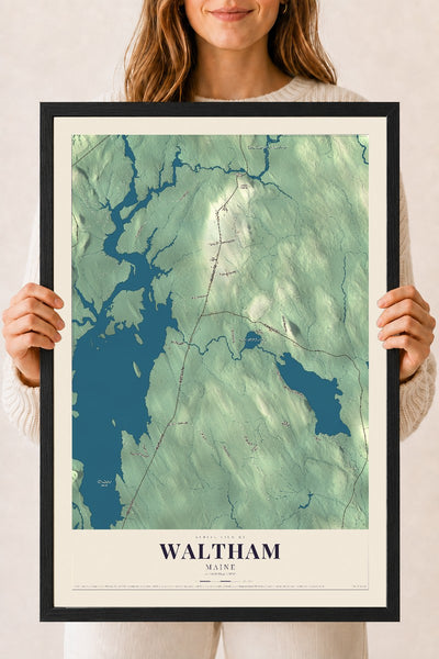 Waltham, Maine map print - 18 x 24 black Ayous wood frame