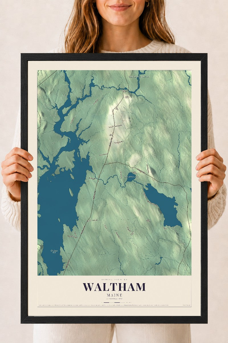 Waltham, Maine map print - 18 x 24 black Ayous wood frame