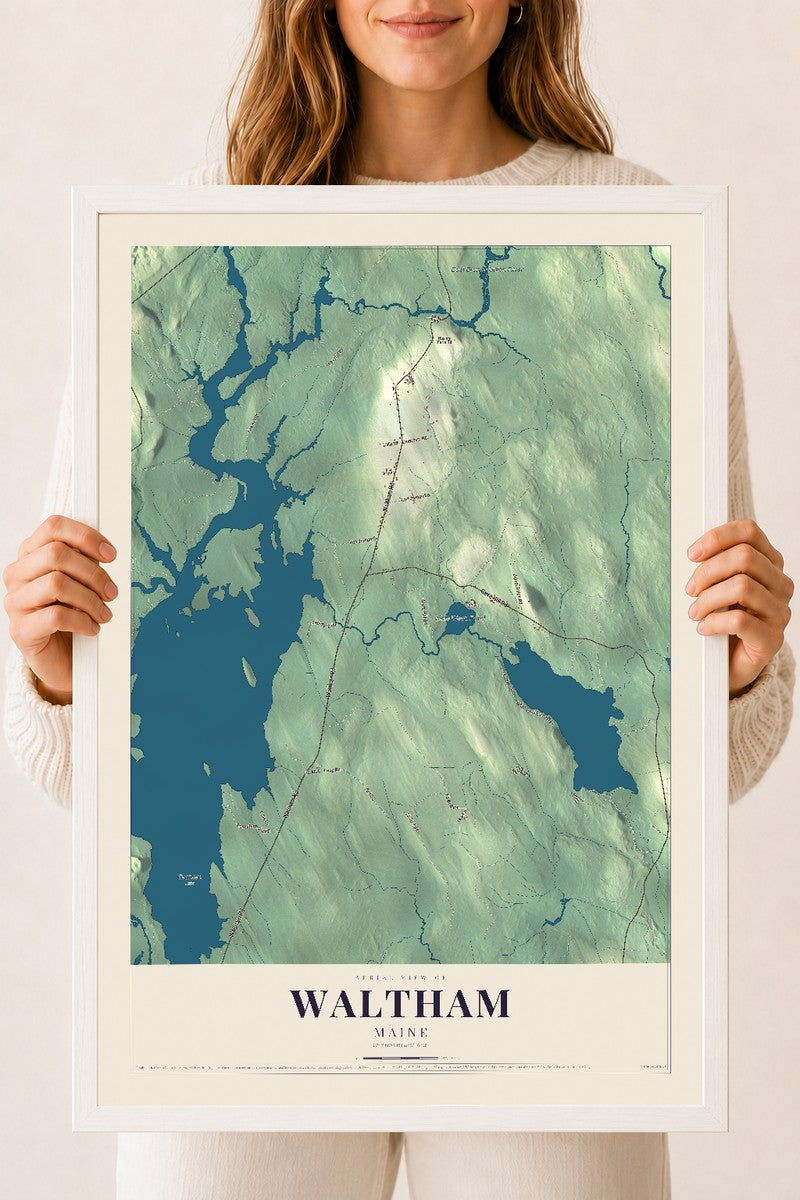 Waltham, Maine map print - 18 x 24 white Ayous wood frame