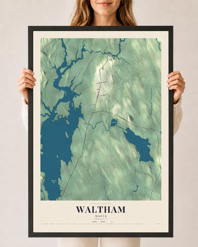 Waltham, Maine map print - 24 x 36 black Ayous wood frame