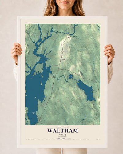Waltham, Maine map print - 24 x 36 white Ayous wood frame