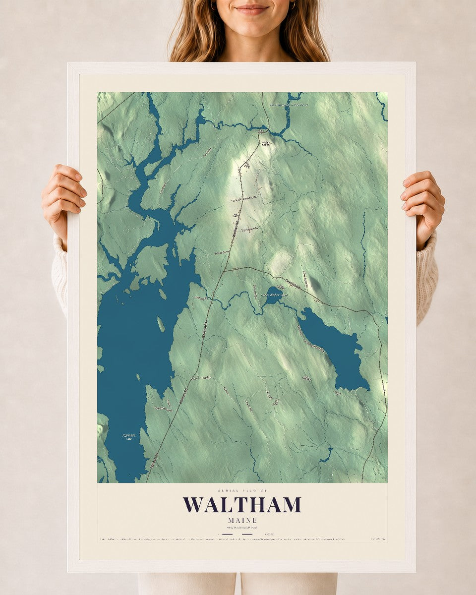Waltham, Maine map print - 24 x 36 white Ayous wood frame