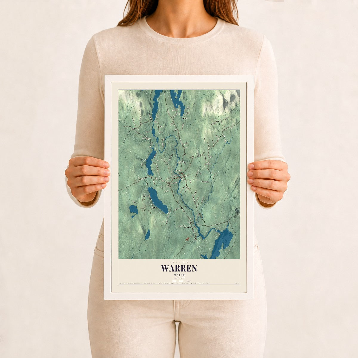 Warren, Maine map print - 12 x 18 white Ayous wood frame