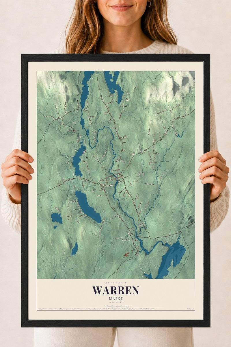 Warren, Maine map print - 18 x 24 black Ayous wood frame