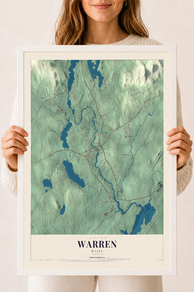 Warren, Maine map print - 18 x 24 white Ayous wood frame