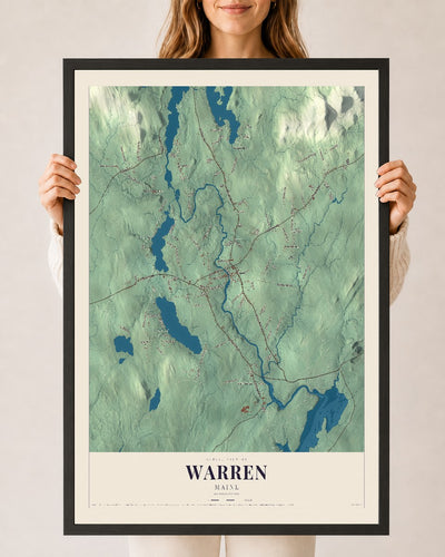 Warren, Maine map print - 24 x 36 black Ayous wood frame