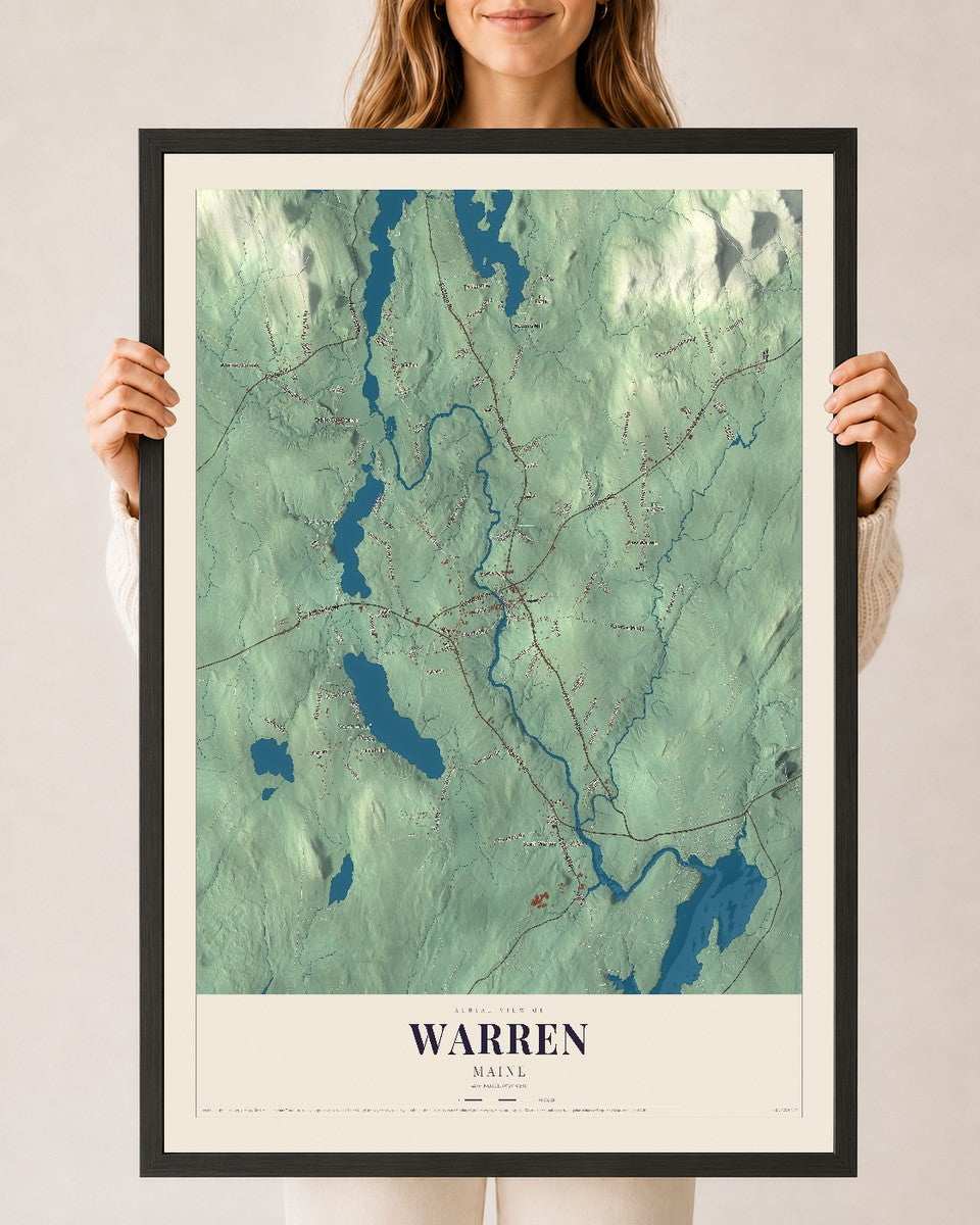 Warren, Maine map print - 24 x 36 black Ayous wood frame