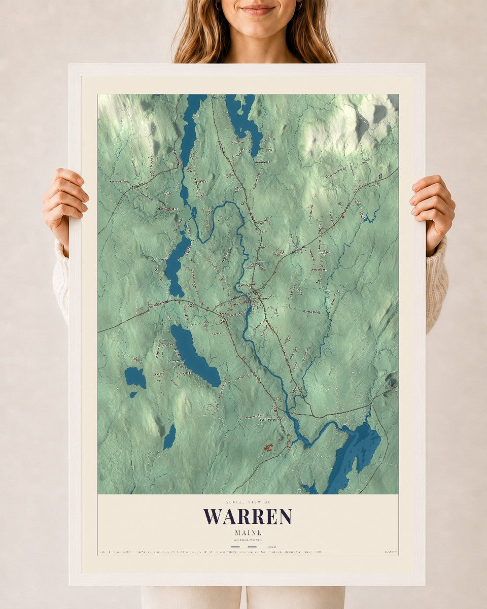 Warren, Maine map print - 24 x 36 white Ayous wood frame