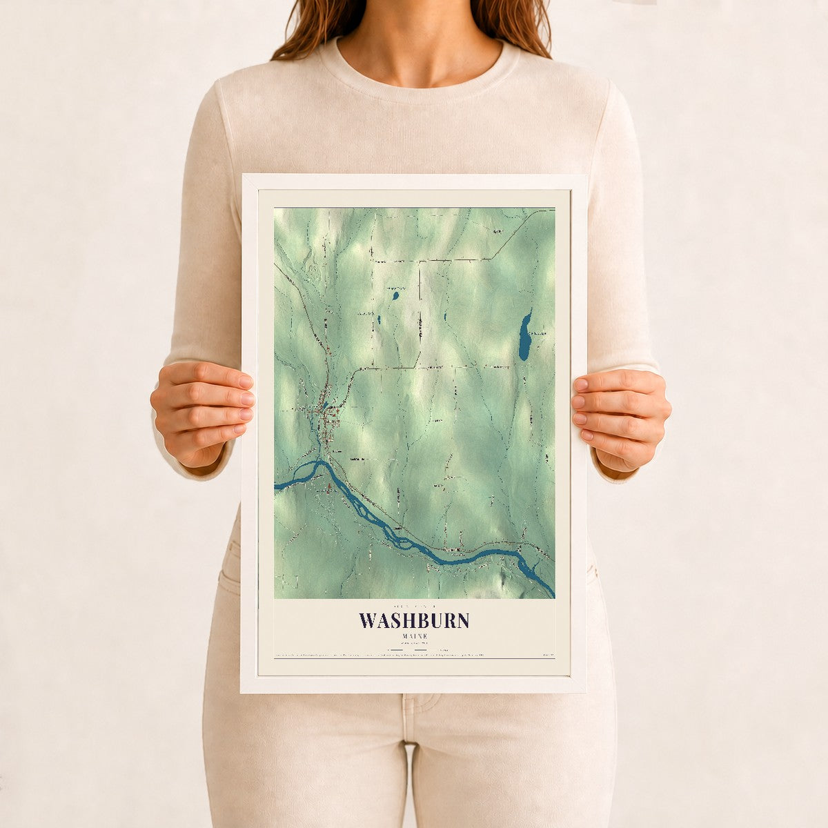 Washburn, Maine map print - 12 x 18 white Ayous wood frame