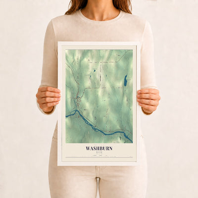 Washburn, Maine map print - 12 x 18 white Ayous wood frame