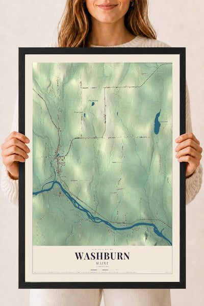 Washburn, Maine map print - 18 x 24 black Ayous wood frame