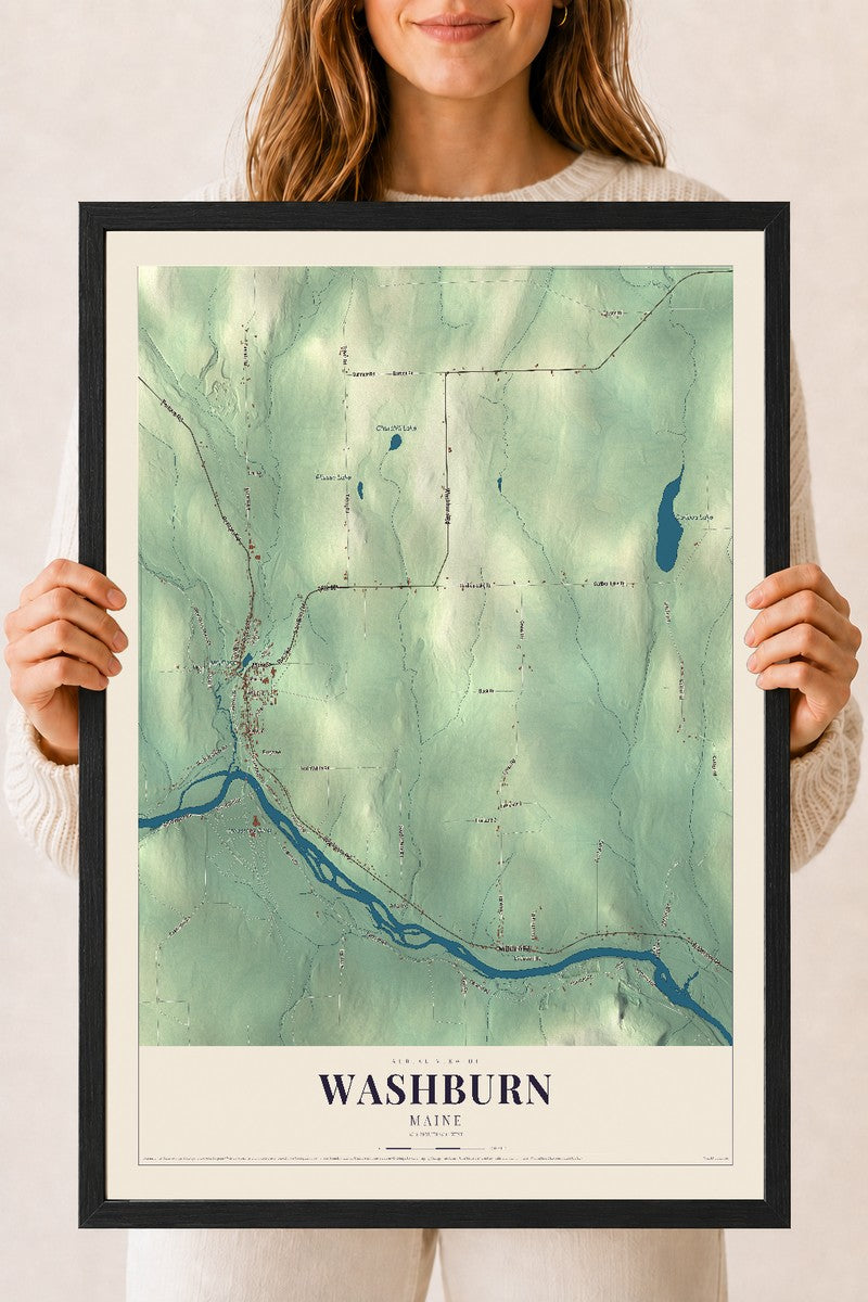 Washburn, Maine map print - 18 x 24 black Ayous wood frame