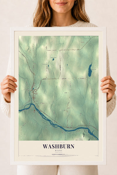Washburn, Maine map print - 18 x 24 white Ayous wood frame