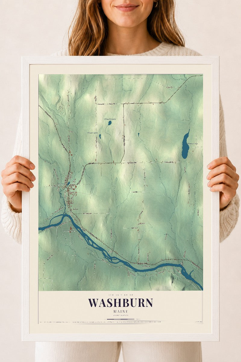 Washburn, Maine map print - 18 x 24 white Ayous wood frame