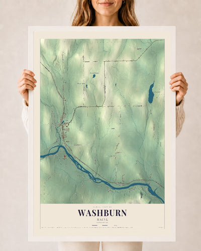 Washburn, Maine map print - 24 x 36 white Ayous wood frame