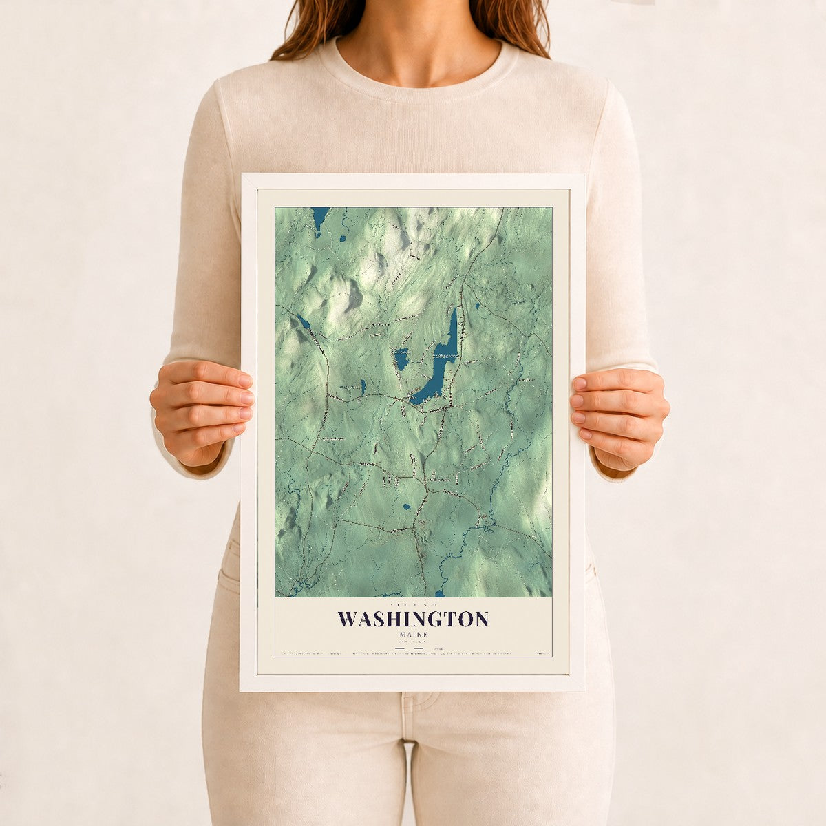 Washington, Maine map print - 12 x 18 white Ayous wood frame