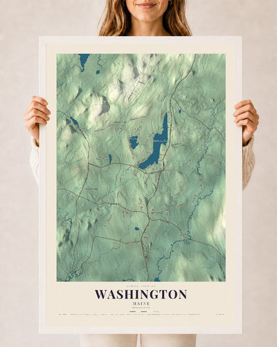 Washington, Maine map print - 24 x 36 white Ayous wood frame