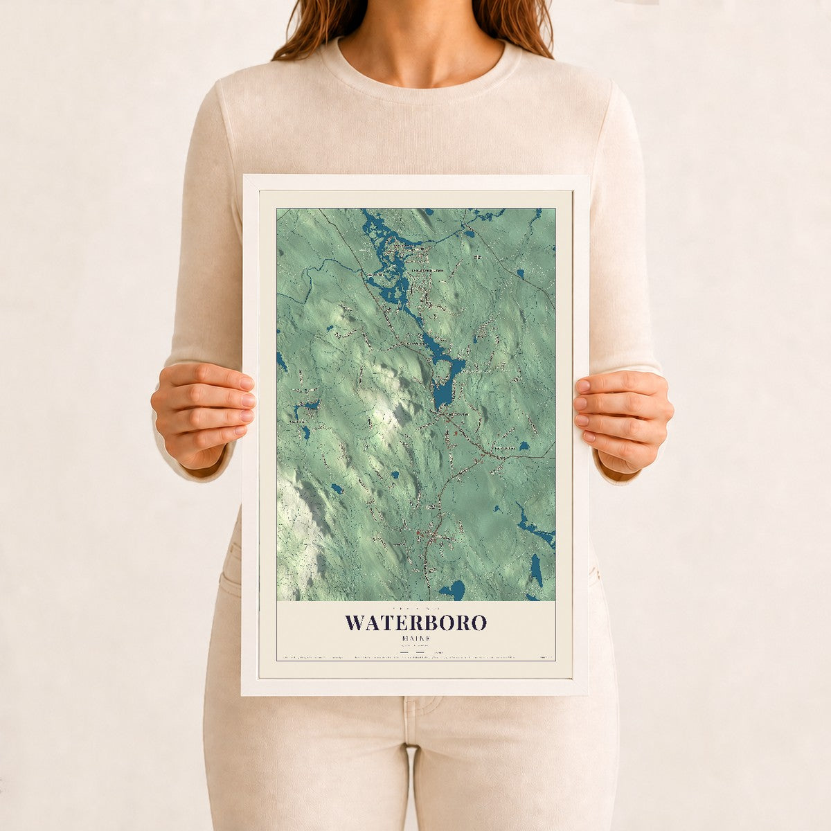 Waterboro, Maine map print - 12 x 18 white Ayous wood frame