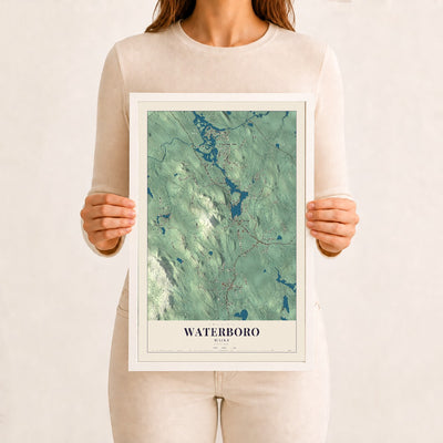 Waterboro, Maine map print - 12 x 18 white Ayous wood frame