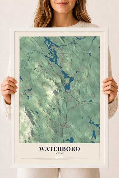 Waterboro, Maine map print - 18 x 24 white Ayous wood frame