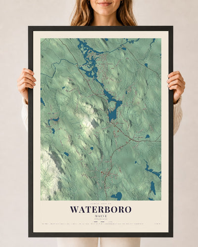 Waterboro, Maine map print - 24 x 36 black Ayous wood frame