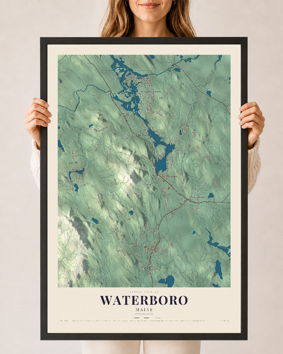 Waterboro, Maine map print - 24 x 36 black Ayous wood frame
