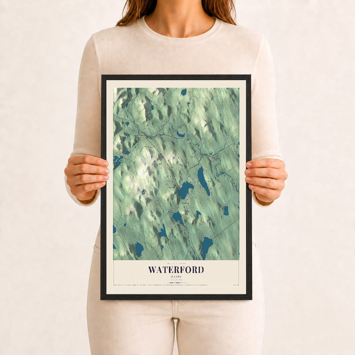 Waterford, Maine map print - 12 x 18 black Ayous wood frame