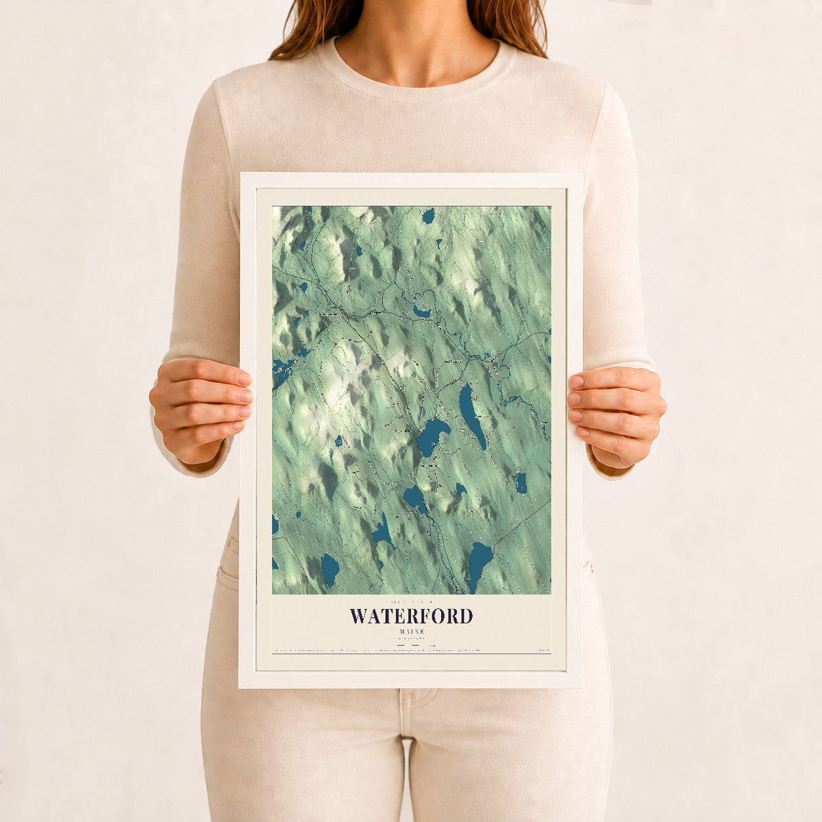 Waterford, Maine map print - 12 x 18 white Ayous wood frame