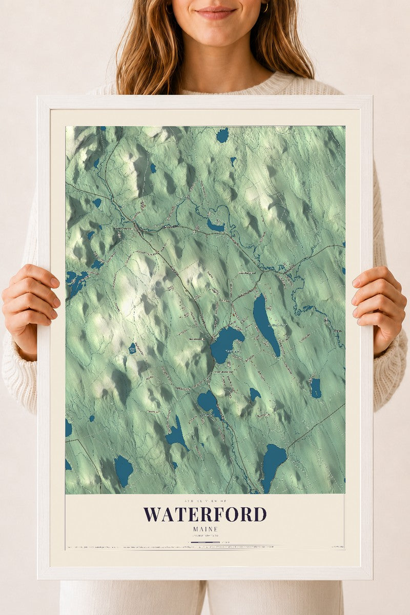 Waterford, Maine map print - 18 x 24 white Ayous wood frame