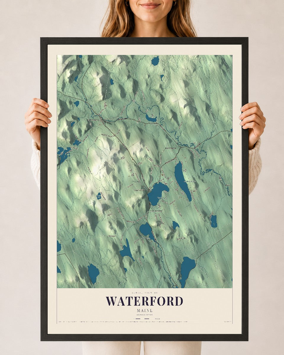Waterford, Maine map print - 24 x 36 black Ayous wood frame
