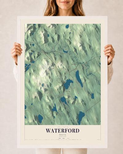 Waterford, Maine map print - 24 x 36 white Ayous wood frame