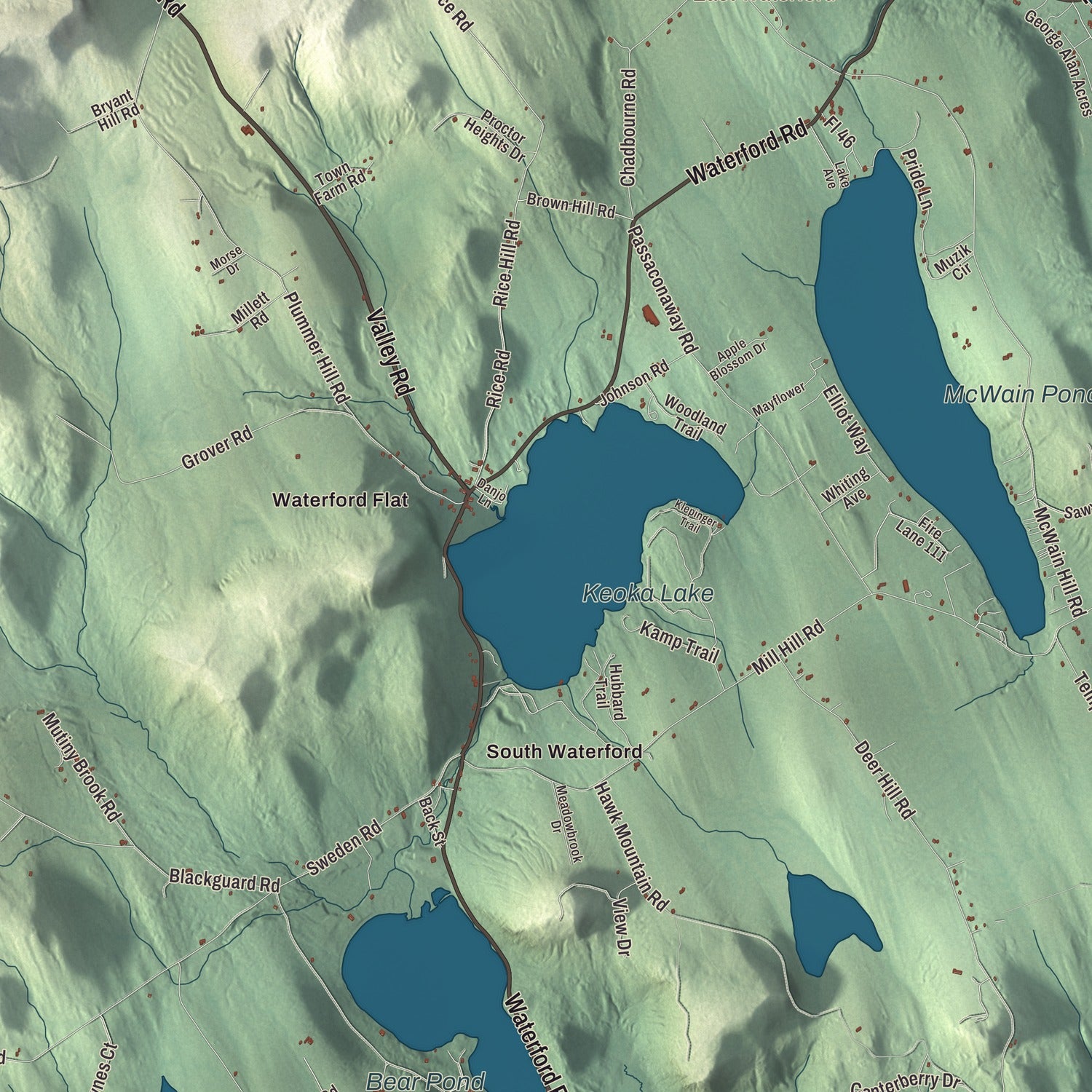 Terrain and local geography detail from the Waterford, Maine map