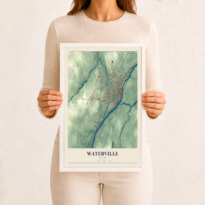 Waterville, Maine map print - 12 x 18 white Ayous wood frame