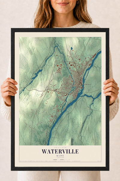 Waterville, Maine map print - 18 x 24 black Ayous wood frame