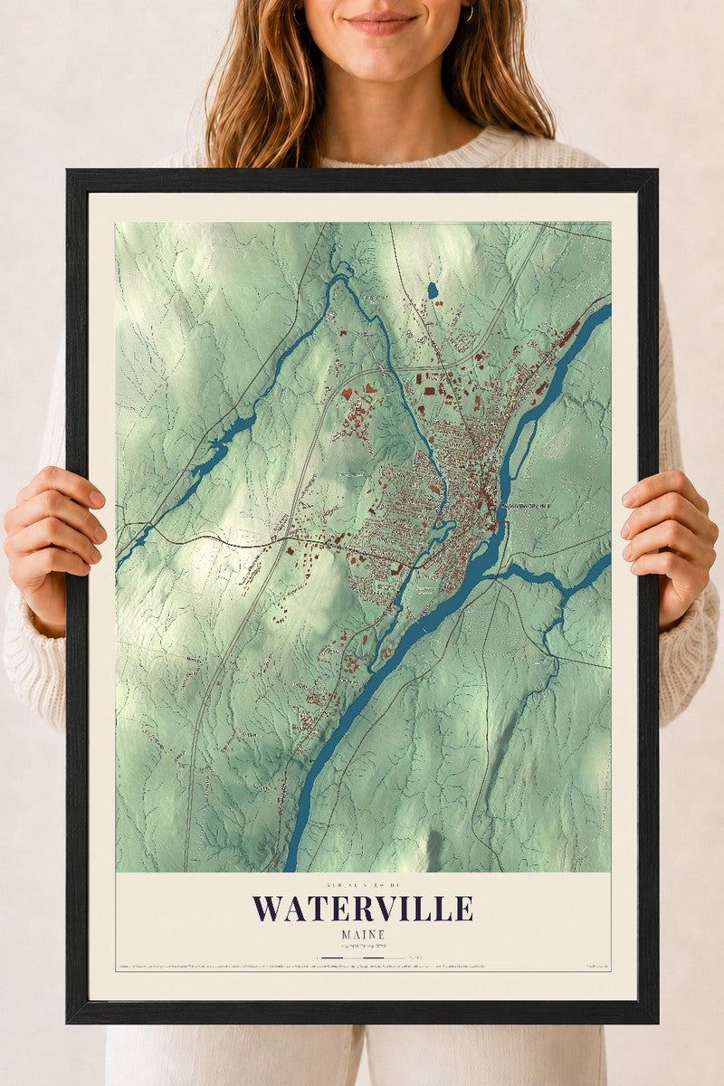 Waterville, Maine map print - 18 x 24 black Ayous wood frame