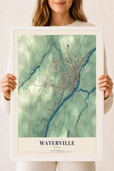 Waterville, Maine map print - 18 x 24 white Ayous wood frame