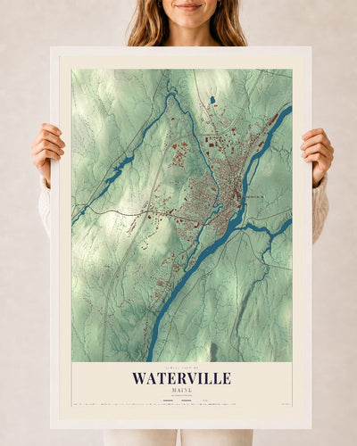 Waterville, Maine map print - 24 x 36 white Ayous wood frame