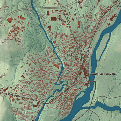 Terrain and local geography detail from the Waterville, Maine map