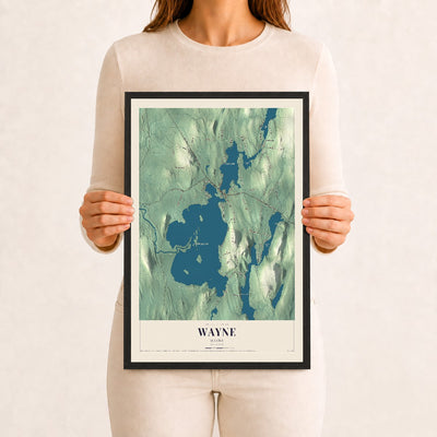 Wayne, Maine map print - 12 x 18 black Ayous wood frame