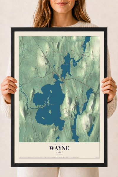 Wayne, Maine map print - 18 x 24 black Ayous wood frame