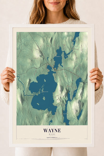 Wayne, Maine map print - 18 x 24 white Ayous wood frame